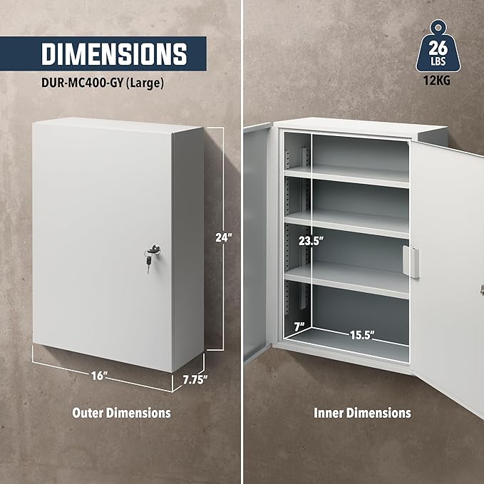 Durabox 2-Door Narcotics Cabinet - Double Door & Dual Key Lock Steel Cabinet for Safe Storage of Medicine, Prescription Drugs, Medical Supplies and More, 16"W x 24"H x 7-3/4"D (Grey, Large)