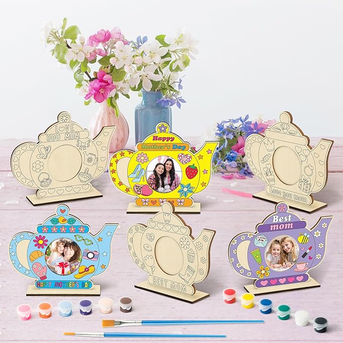 Haooryx Wooden Picture Photo Frame - 12 Pcs Mother's Day Color Your Own DIY Tea Pot Mom Uncolored Wooden Display Pictures Photo Frames Collage Set Wall Hanging Wall Tabletop Mounting Tabletop Display
