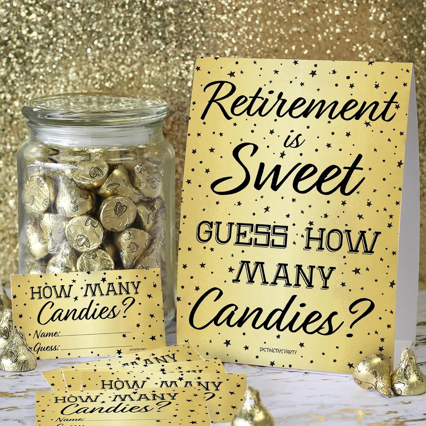 DISTINCTIVS Retirement Party Games - Guess How Many Candies in The Jar Game - 1 Sign and 30 Guessing Cards
