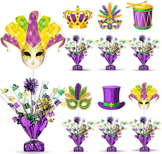 6 PCS Mardi Gras Table Centerpieces Metallic Plastic Carnival Decoration Centerpiece Glitter Foil Masquerade Party Table Decor with Carnival Cutouts for Festival Home Table Party Supplies Decor