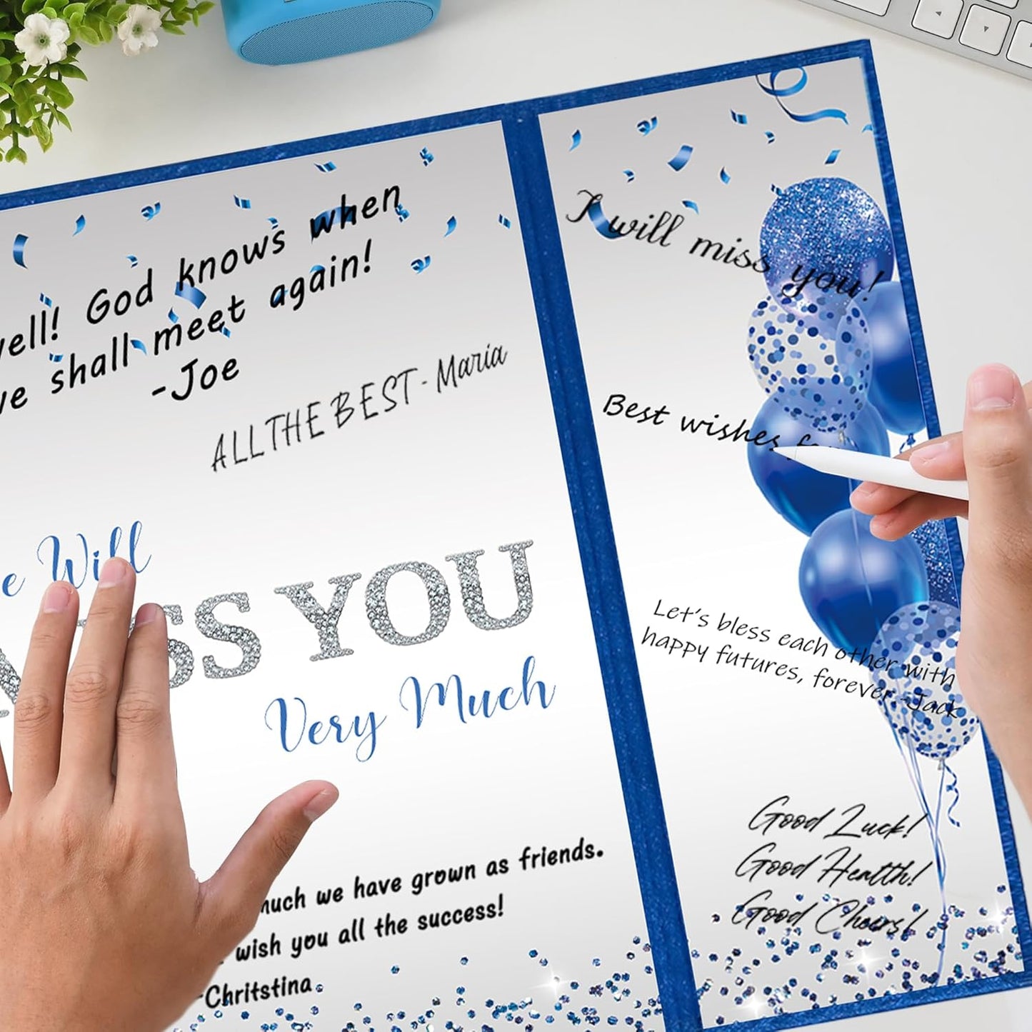 DARUNAXY Blue Silver Farewell Party Decorations, We Will Miss You Very Much Alternative Signature Guest Book for Men Women Going Away Gifts Signing Card Board for Retirement Graduation Party Supplies