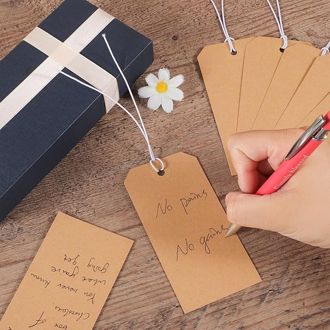 100pcs Brown Paper Shipping Tags with Elastic Rope Large Marking Hanging Paper Tags Attached Reinforced Hole Writable Price Tag Inventory Gift Tag 4.76'' x 2.36''