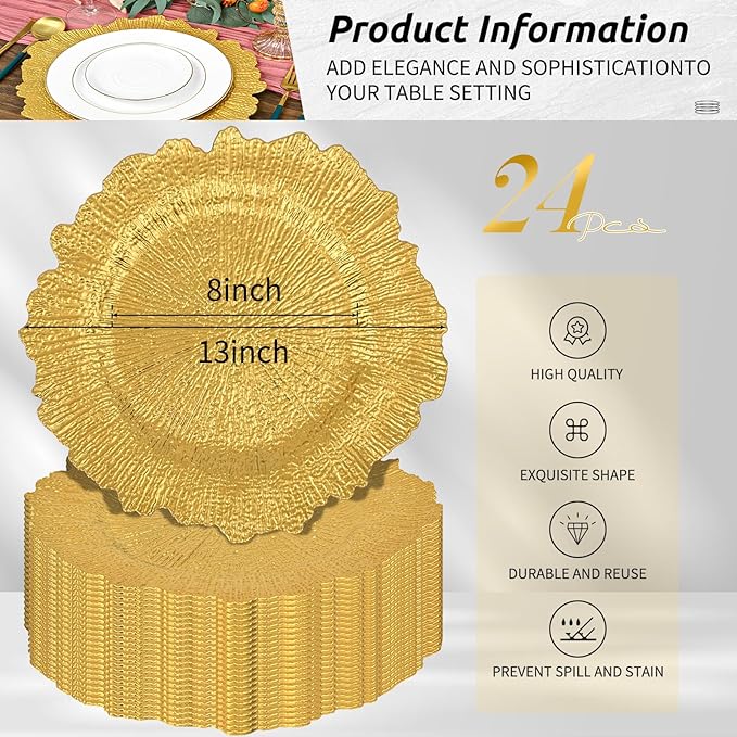 Pesonlook 24Pcs Bright Gold Charger Plates Round 13inch, Reef Plate Chargers for Dinner, Bulk Plastic Floral Table Charger Plates for Dinner Wedding Party Event Table Setting Decoration(Bright Gold)