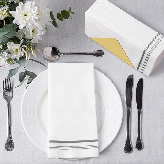 50 Linen Feel Paper Hand Towels for Bathroom, Disposable Guest Towels, Soft and Absorbent Paper Towels Napkins Bulk for Home Dinner Kitchen Wedding Graduation, 12" x 17"(Silver Trim Lined)