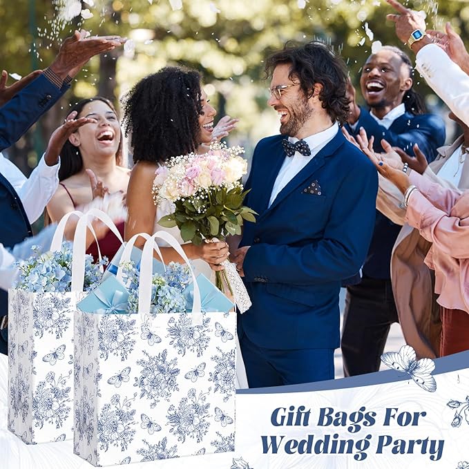 Abbylike 30 Pack Blue Floral Reusable Gift Bag Bulk Large Floral Print Shopping Bag Blue White Tote Non Woven Tote for Wedding Birthday Family Holiday Travel, 12.2 x 11.02 x 4.72 Inches