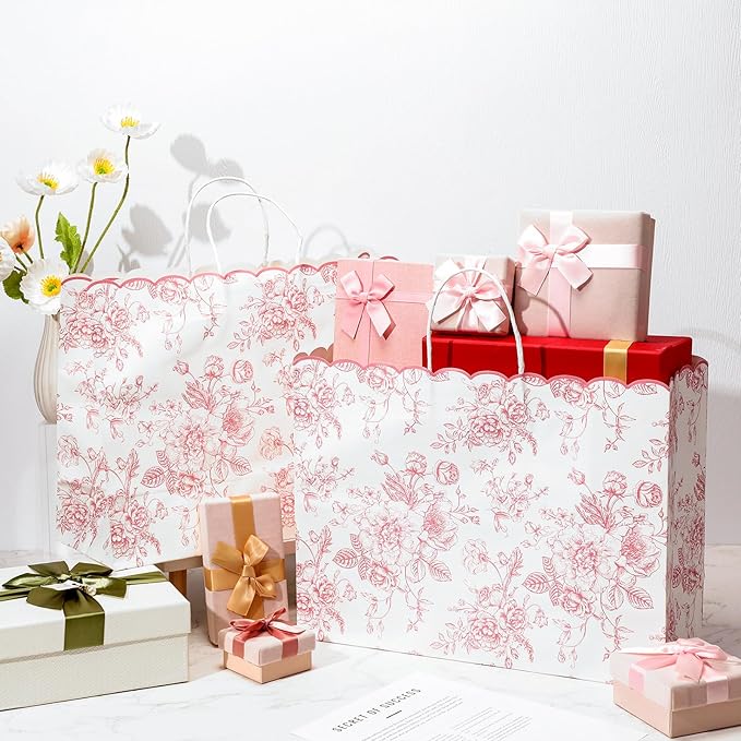 Kolldenn 24 Pcs Pink Floral Party Favor Bags with Handles 16 x 6 x 12 Inch Extra Large Scalloped Wildflower Goodie Candy Gift Treat Bags for Birthday Decoration for Bridal Baby Shower Party Supplie