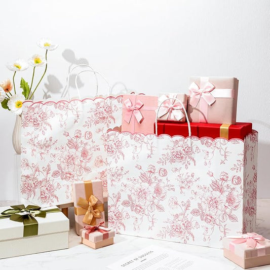 Kolldenn 24 Pcs Pink Floral Party Favor Bags with Handles 16 x 6 x 12 Inch Extra Large Scalloped Wildflower Goodie Candy Gift Treat Bags for Birthday Decoration for Bridal Baby Shower Party Supplie