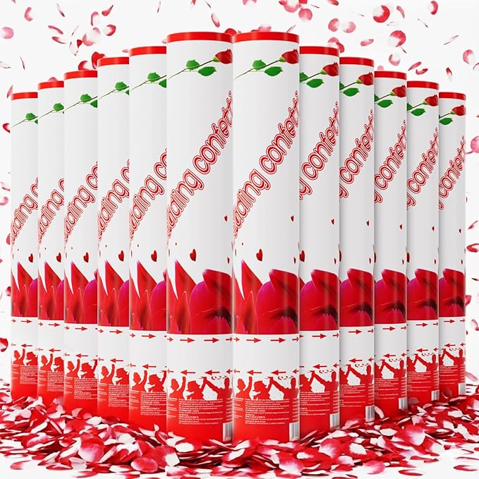 Rose Petal Confetti Cannon 12 Pack, 12" Biodegradable Red Flower Petal Party Poppers for Wedding Aisle, Proposal, Engagement, Anniversary & Bridal Shower Celebrations