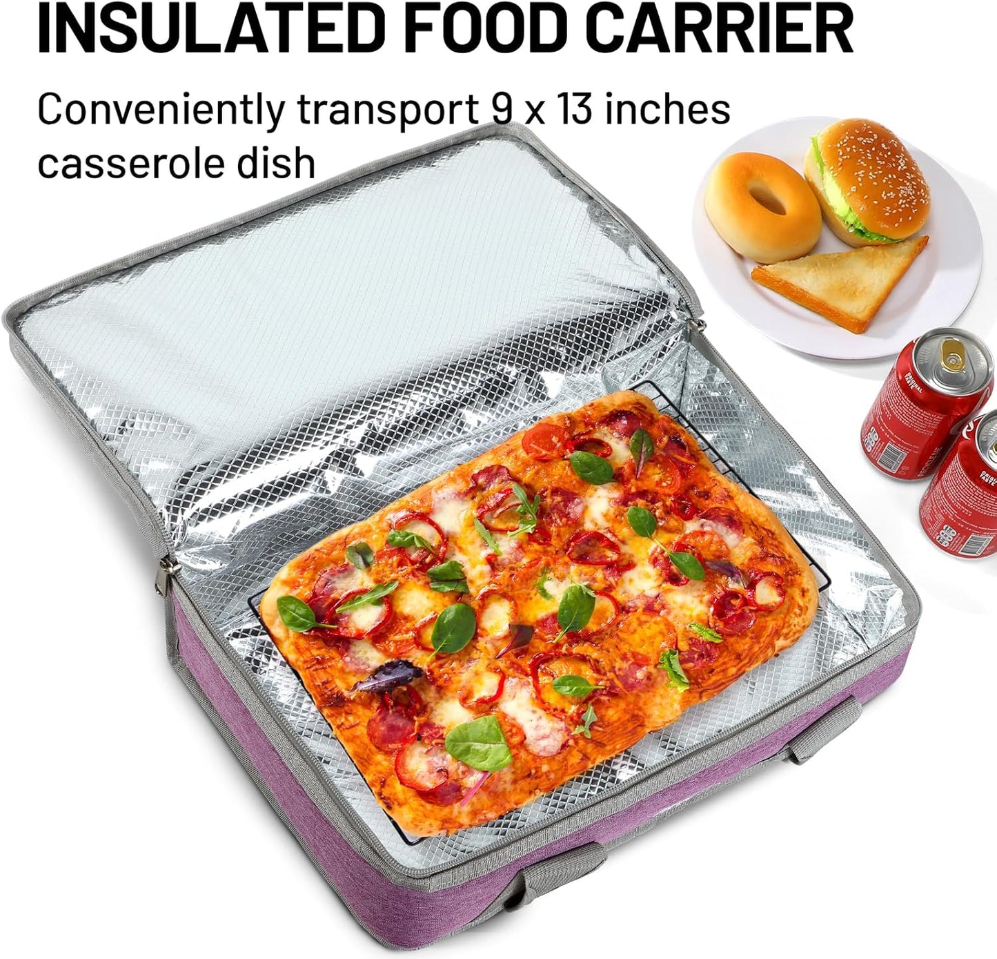 MIER Insulated Casserole Carrier for Hot or Cold Food Thermal Food Carrier Bag for Lasagna Potluck Parties Picnic Cookouts, Fits 9"x13" Baking Dish/Foil Pan, Purple