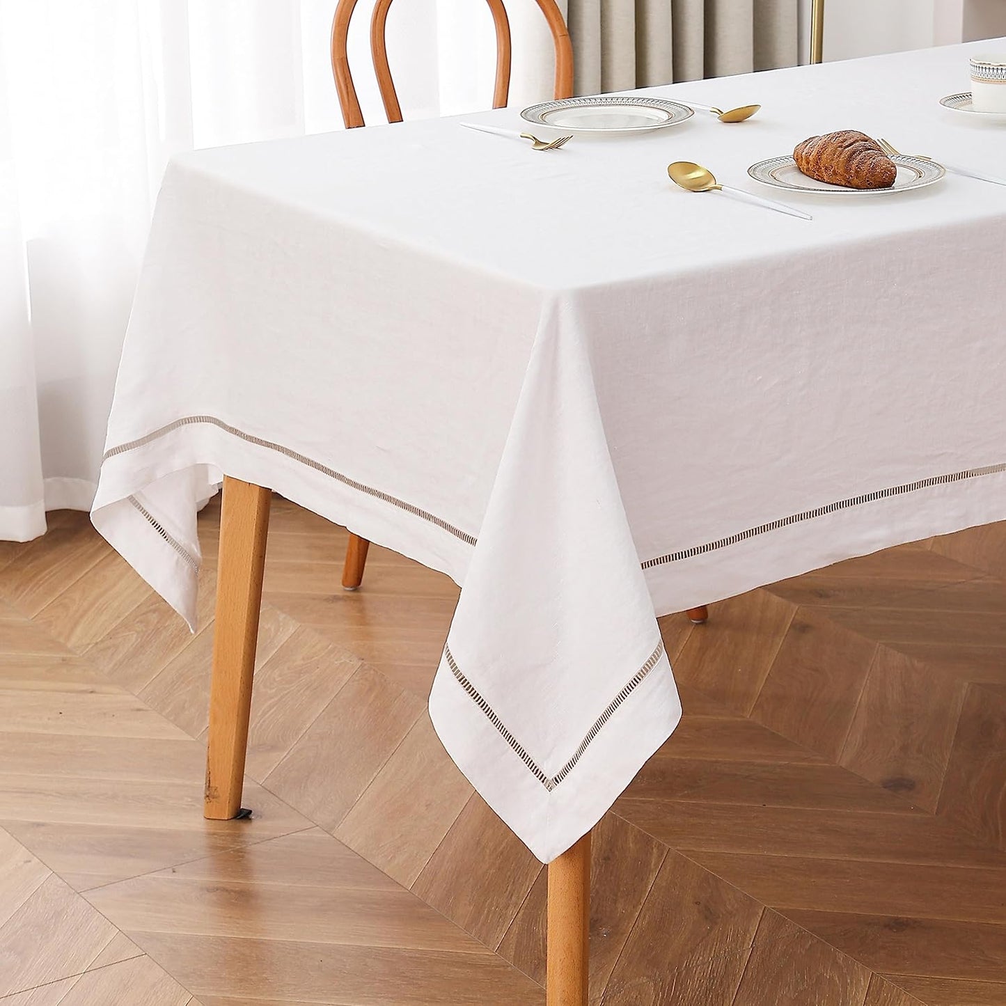 Linen World Hemstitch Linen Tablecloth,100% Natural French Flax,60x108Inch Handcrafted White-Natural Linen Table Cloth,Tabletop,Table Cloths for Kitchen,Dining,Daily Use(White-Natural)