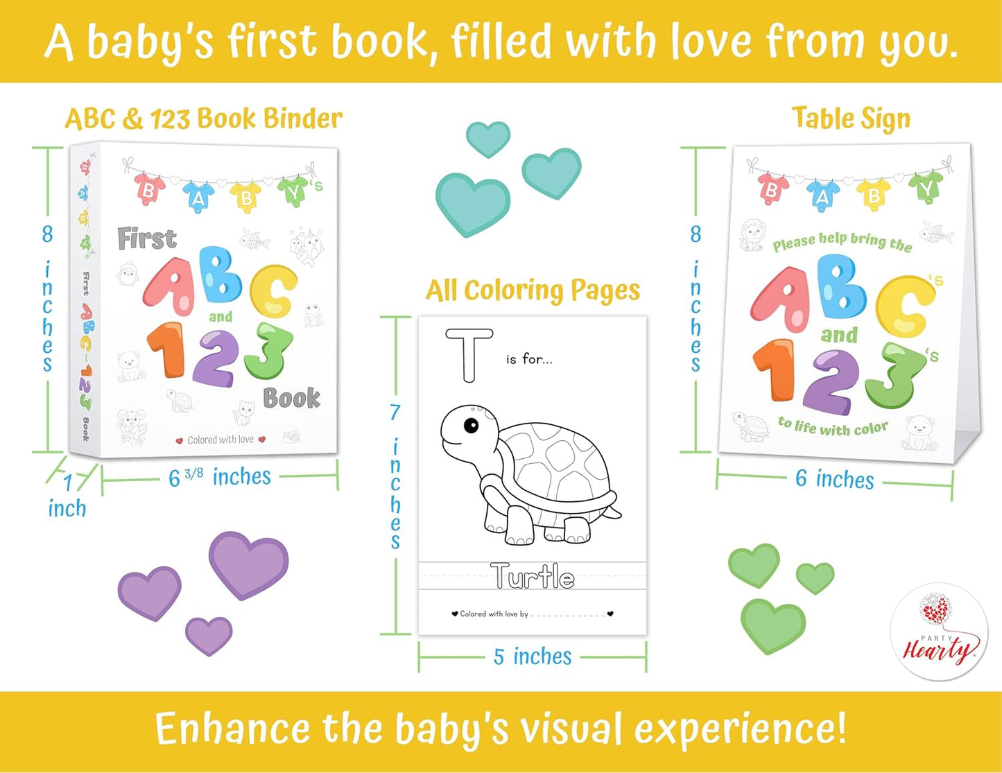 Party Hearty Baby's First ABC & 123 Book Baby Shower Activity, Guest Book Alternative with Alphabet Coloring Pages, Educational Keepsake & Activities for Guests - Baby Shower Games Craft Kit