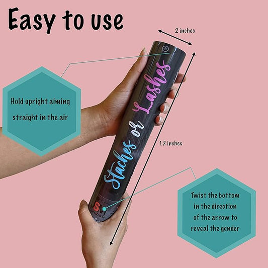 Gender Reveal Confetti and Powder Popper for Themed Baby Boy or Girl Gender Reveal Party and Celebration (Staches Or Lashes, What Will You Be?) Set of 2 Poppers. (Pink Confetti & Powder, Set of 2)