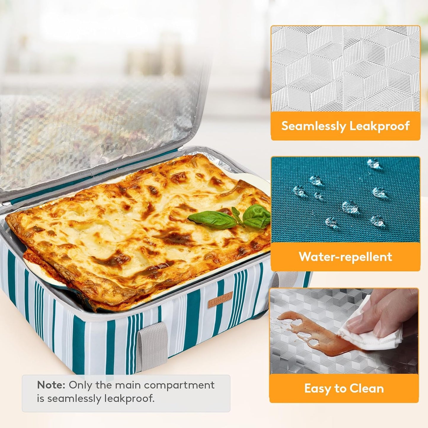 LUNCIA Insulated Casserole Carrier for Hot or Cold Food, Lasagna Lugger Tote for Potluck Parties/Picnic/Cookouts, Fits 9"x13" Baking Dish, Green