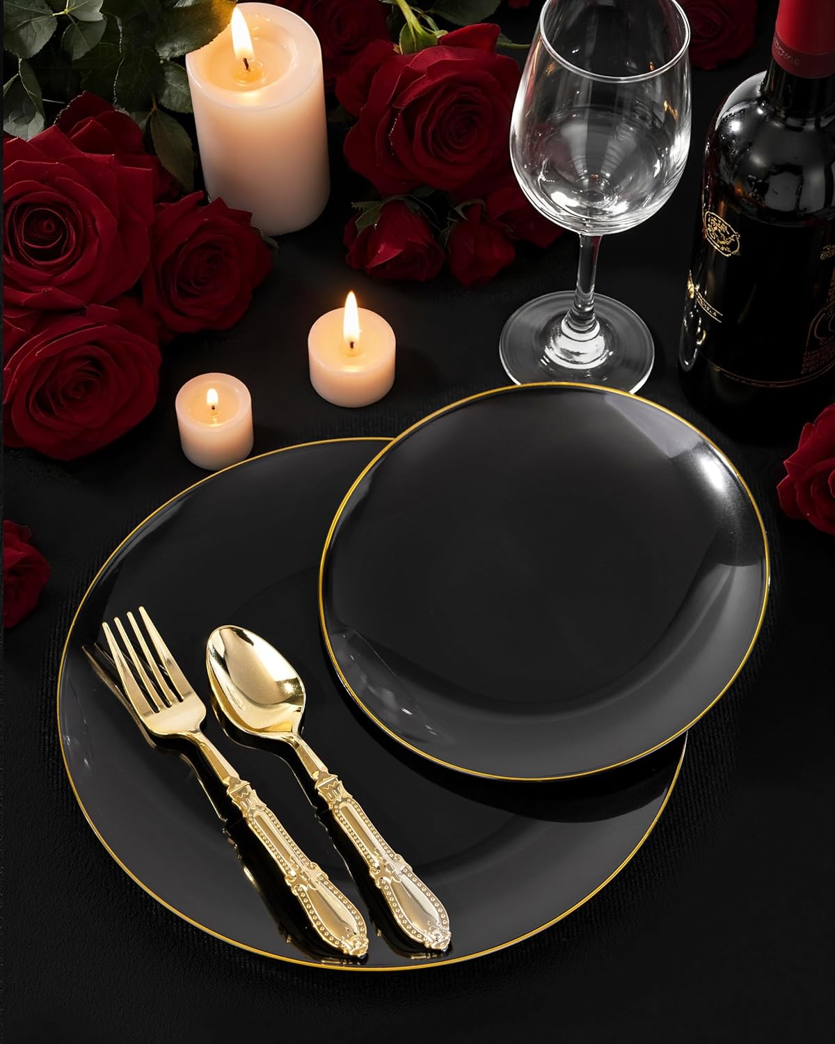 Nervure 100 Pieces Black Plastic Plates - 7.5inch Black Dessert Plates - Disposable Gold Plastic Plate - Disposable Plate Ideal for Wedding & Party & Halloween