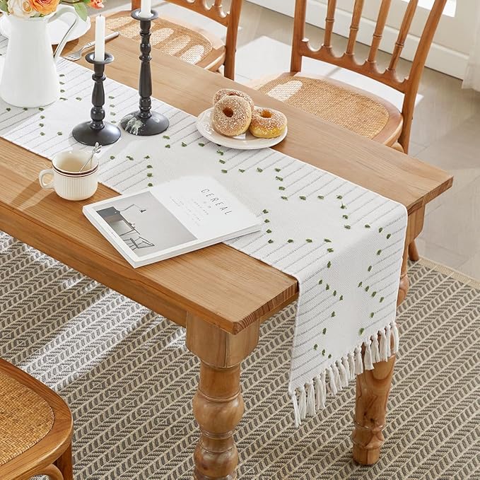Wracra Boho Table Runner, Natural Cotton Woven Macrame Table Runners 36 Inches Long for Modern Farmhouse Woven Home Decor, 14x36 Inch, Green