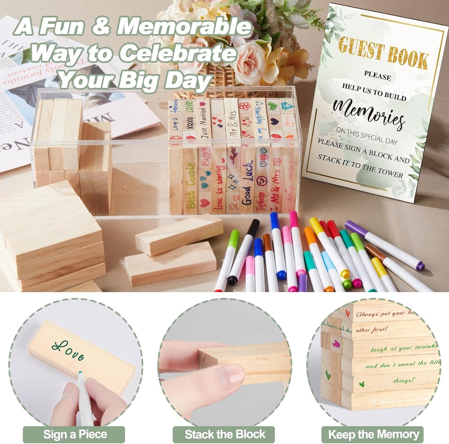 80 Pcs Wedding Guest Book Alternative Wooden Block Guest Book for Wedding Sign in Bridal Shower Decoration Wooden Block Bridal Shower Game for Sign in, Reception(Greenery)