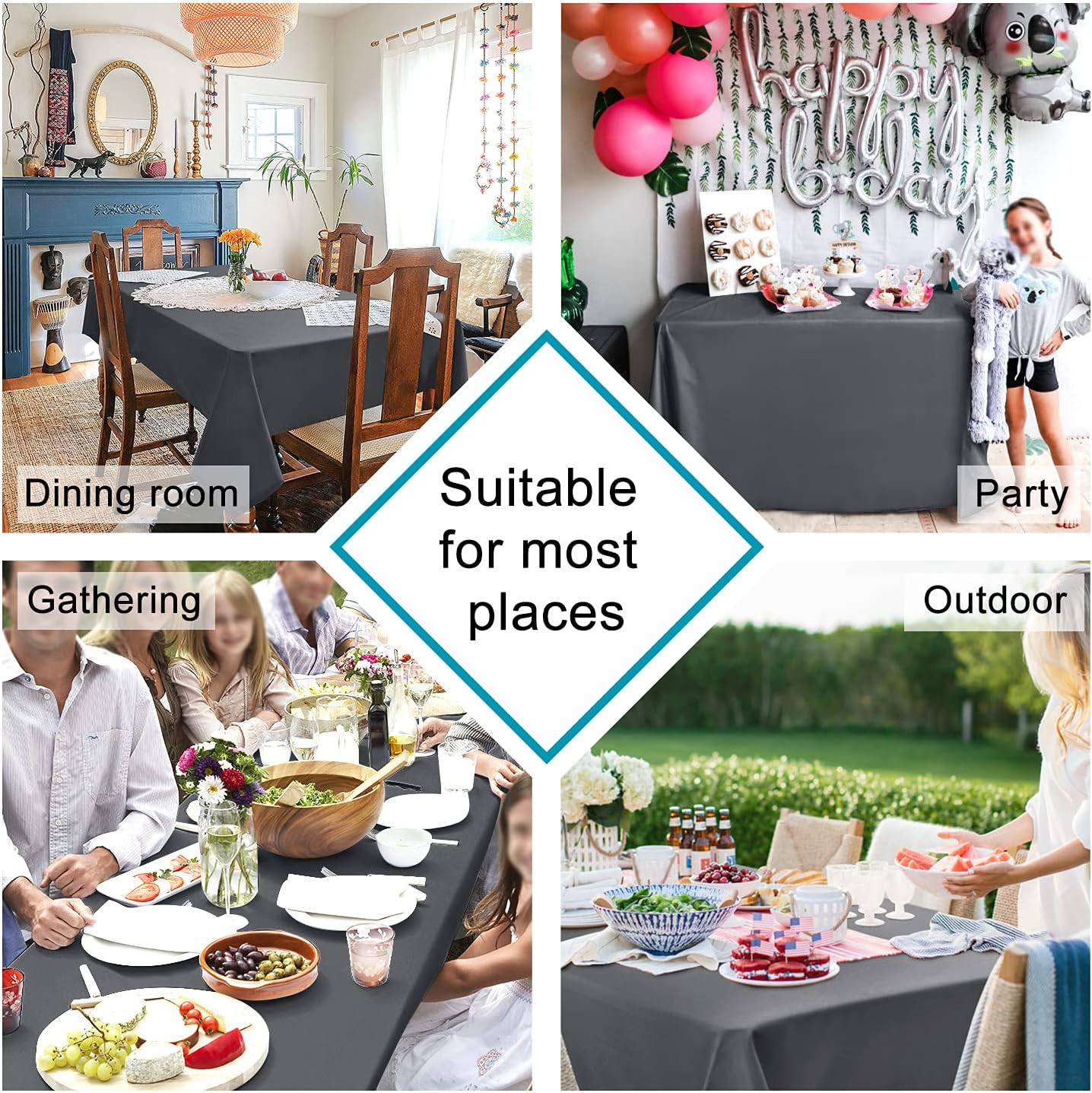 Hiasan Gray Rectangle Tablecloth - Waterproof Spillproof and Wrinkle Resistant Washable Polyester Table Cloth for Dining Party, 80 x 80 inch