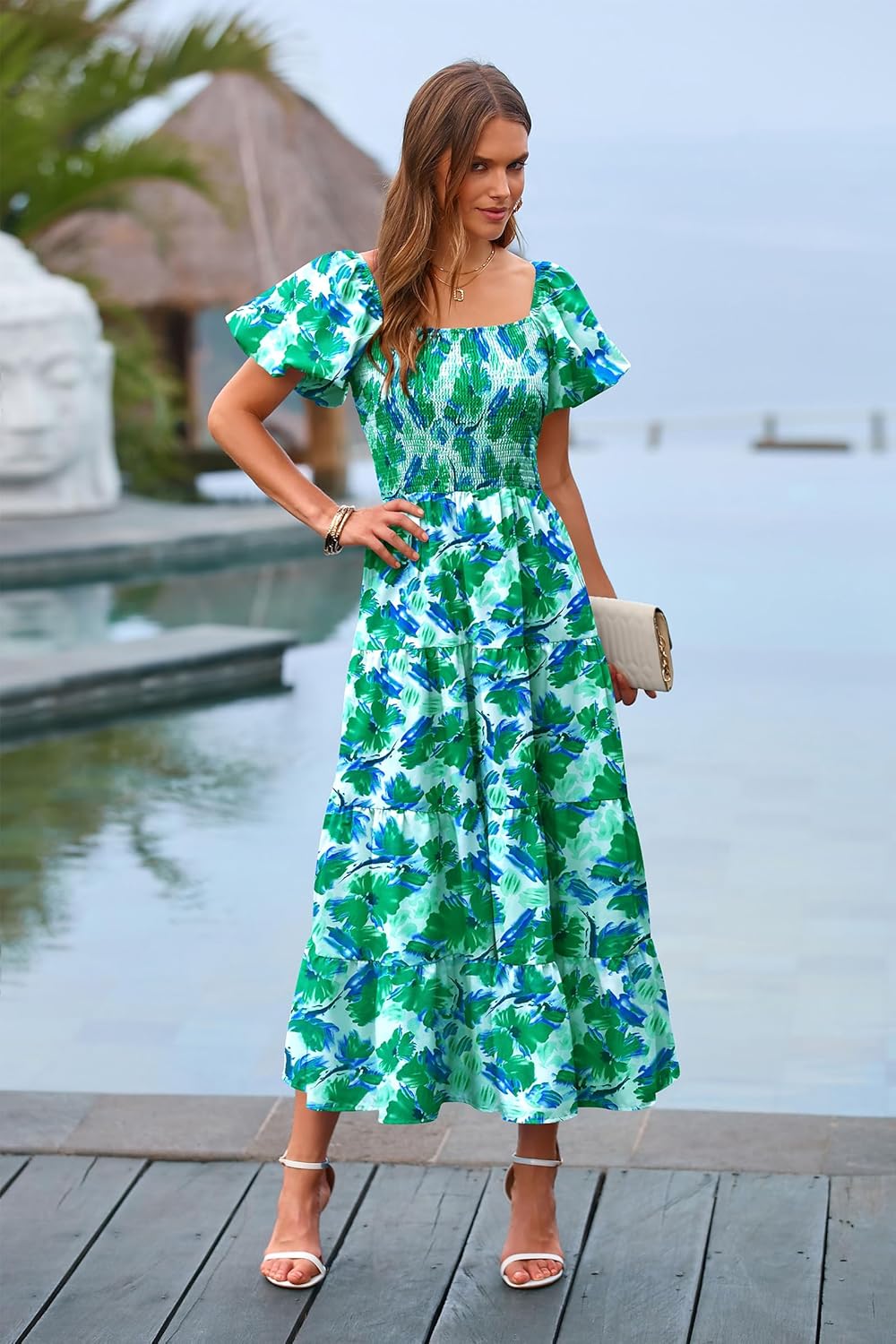 PRETTYGARDEN Women's Casual Summer Midi Dress Puffy Short Sleeve Square Neck Smocked Tiered Ruffle Dresses