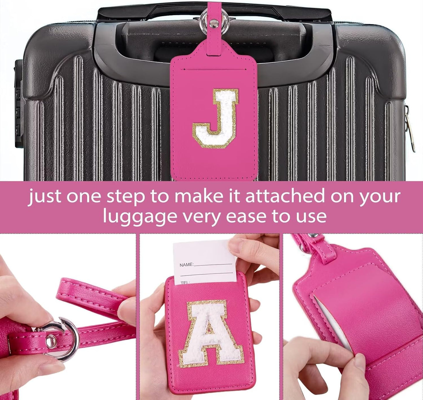 Personalized Initial Luggage Tags for Suitcases, Leather Chenille Letter Cute Luggage Tags with Privacy Name Card, Embroidered Travel Bag Backpack Tags Gifts for Women Kids Girls Teens(Rosered-J)