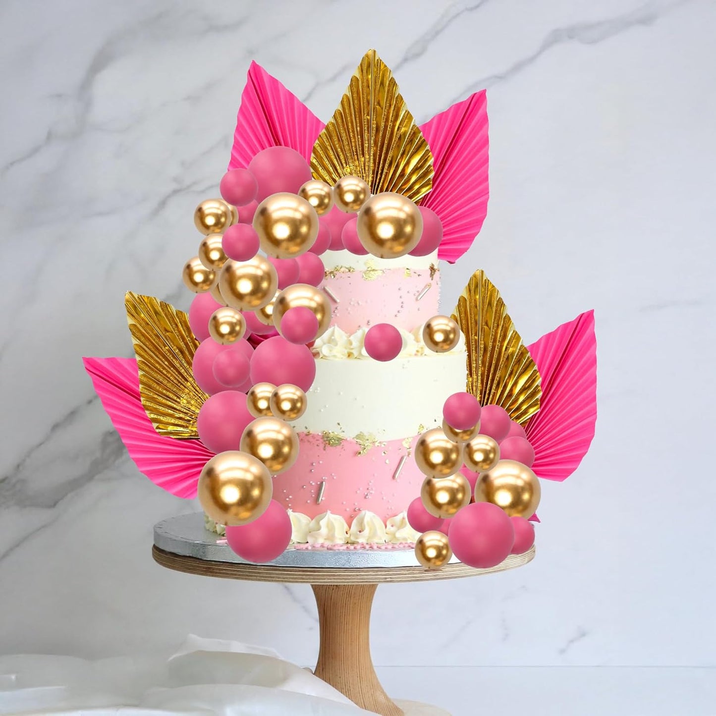 Ephlyn 28Pcs Paper Palm Fan Cake Topper Balls Cake Pick Decoration for Baby Shower Wedding Bridal Shower Birthday Anniversary Party DIY Cake Decorations Supplies Gold Rose Red