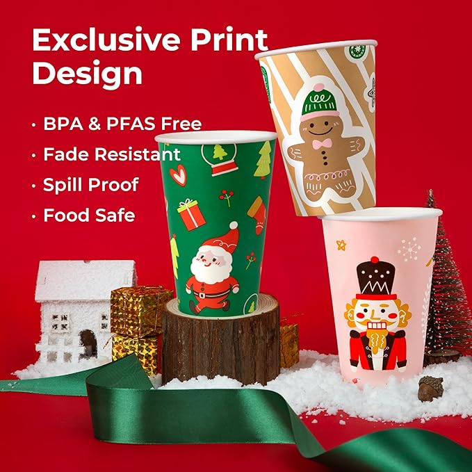 Fit Meal Prep 50 Pack 16 oz Christmas Disposable Coffee Cups, Durable Thickened Christmas Paper Cups for Hot Beverage Chocolate Tea Cocoa, Xmas Party Cups for Kids, Adult, Party, Holiday