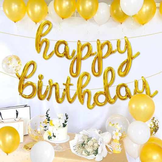 Gold Happy Birthday Balloons Banner, 25pcs Cursive Letters Balloons Sign with Latex Balloons, Foil Mylar Happy Birthday Banner, Golden Happy Birthday Party Decorations for Women Men Birthday Decor
