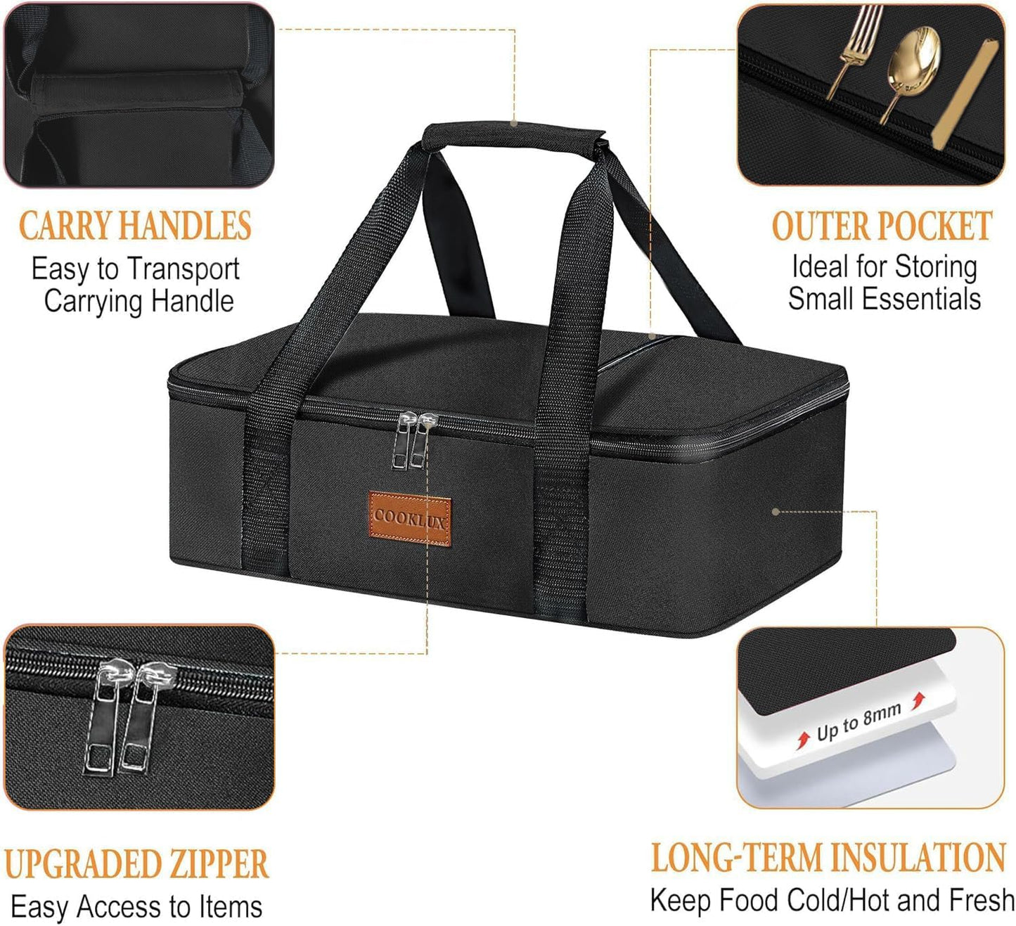 Insulated Casserole Carrier 9x13 Inch, Durable Nylon, Leak-Proof Casserole Dish Carrier, Casserole Carriers for Hot or Cold Food (Black)