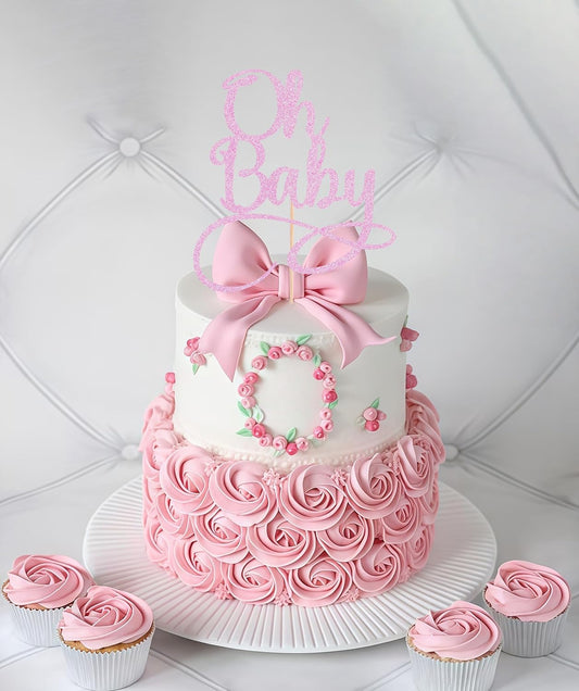 Oh Baby Cake Topper - Pink Glitter Baby Birthday Party Cake Decoration Supplies, for Baby Shower/Gender Reveal Party Photo Booth Props