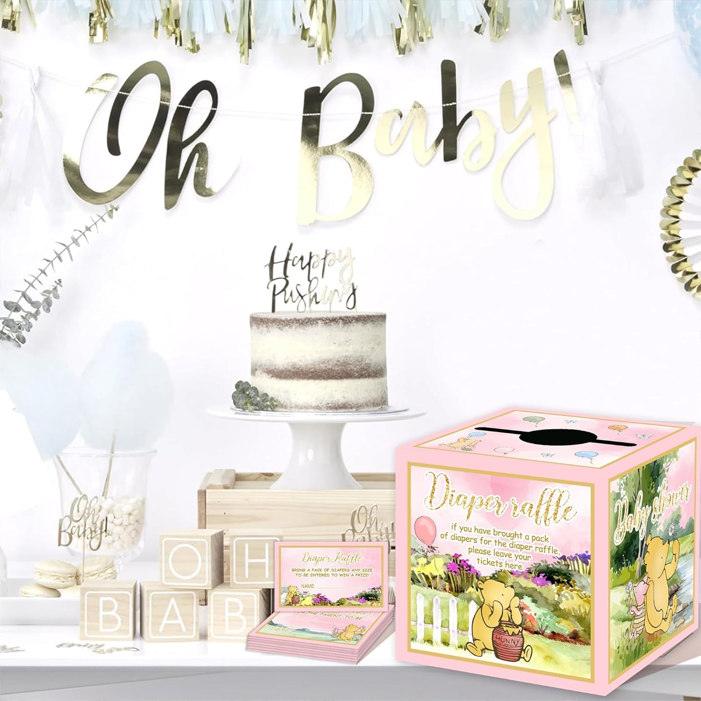 Winnie Baby Shower Decorations-Winnie Baby Shower Games-Pooh Party Decorations-Baby Shower Diaper Raffle Box-pink