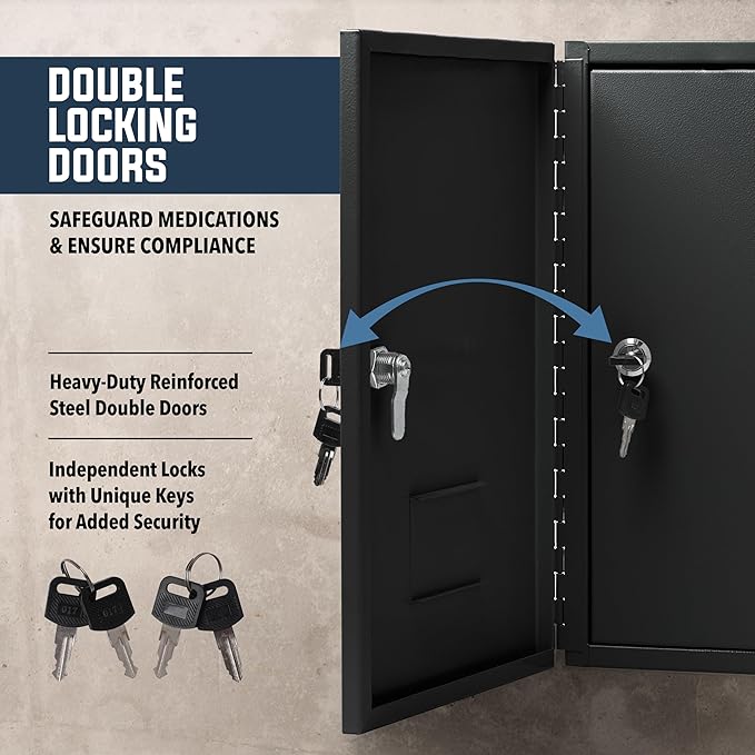 Durabox 2-Door Narcotics Cabinet - Double Door & Dual Key Lock Steel Cabinet for Safe Storage of Medicine, Prescription Drugs, Medical Supplies and More, 10"W x 15"H x 4-1/2"D (Black, Small)