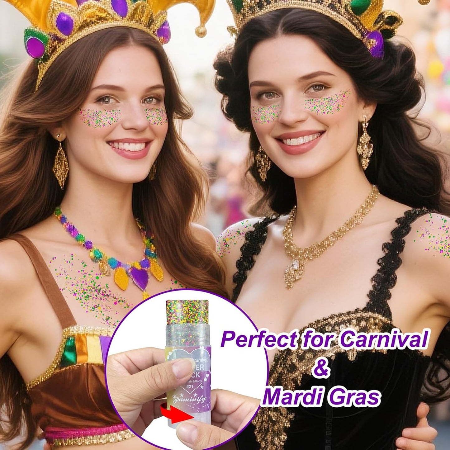 Mardi Gras Gold Hair Glitter Stick,Purple Green Face Body Glitter Makeup,Waterproof Carnival Costume Outfits for Women & Kids,Mardi Gras Accessories Singer Concerts Chunky Glitter