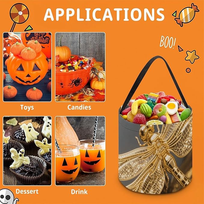 Halloween Candy Bucket - Gold Exquisite Dragonfly Trick Or Treat Candy Bag, Gift Bag for Party Favor Supplies