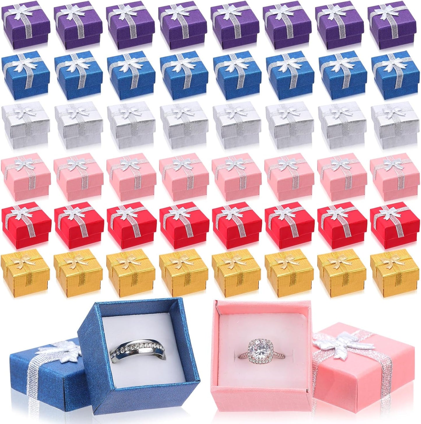 Bucherry 72 Pcs Ring Boxes 1.6 x 1.6 In Hard Cardboard Jewelry Box with Ribbon Bow Small Jewelry Gift Cases for Small Business(Modern Color)