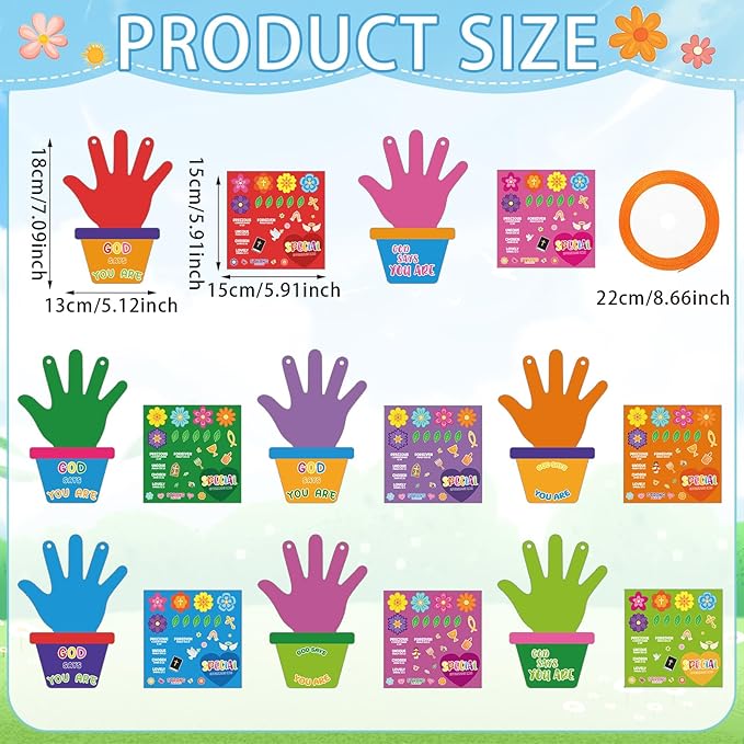 Frienda 48 Set Sunday School Craft Kit for Kids Spring Religious Flower Handprint Art Craft God Says You are Bible Prayer Sticker Ornament VBS Church Activity Gift for Mother's Day Teacher Day