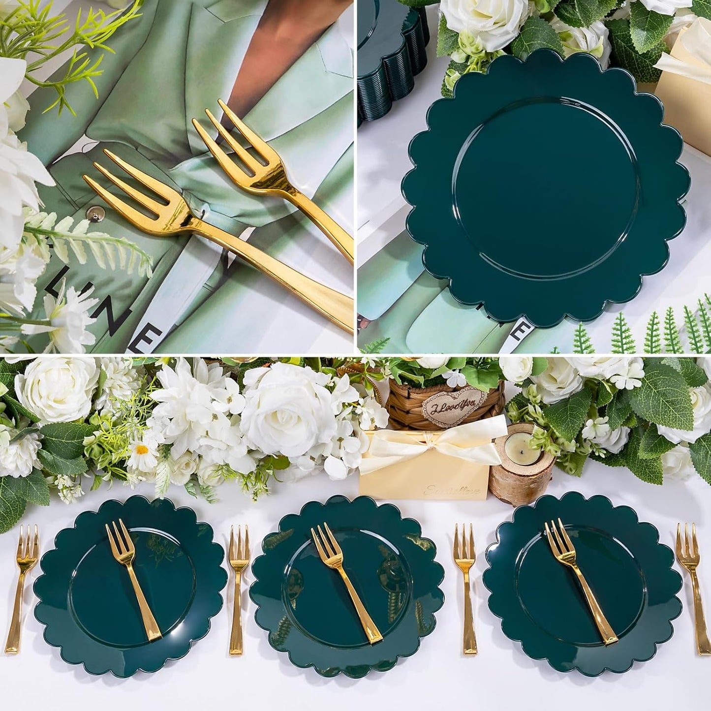 LIYH 200 Pcs Drak Green Christmas Plastic Plates - Disposable Dessert Plates with Gold Forks, Gold Cake Forks 5", Plastic Cake Plate 7.5" for Christmas Holiday Party Table Decoration