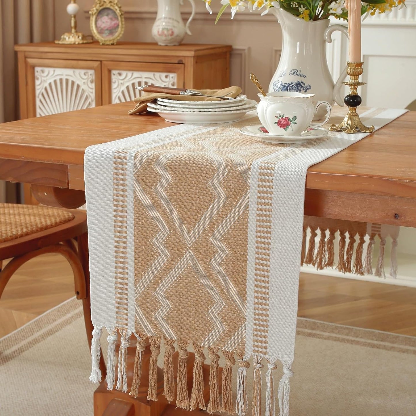 Boho Table Runner ， Natural Cotton Woven Khaki Runner，for Modern Farmhouse Decor, with Tassels for Home Dining Table Decor 14 x 72 Inch Long