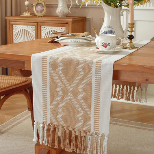 Boho Table Runner ， Natural Cotton Woven Khaki Runner，for Modern Farmhouse Decor, with Tassels for Home Dining Table Decor 14 x 72 Inch Long