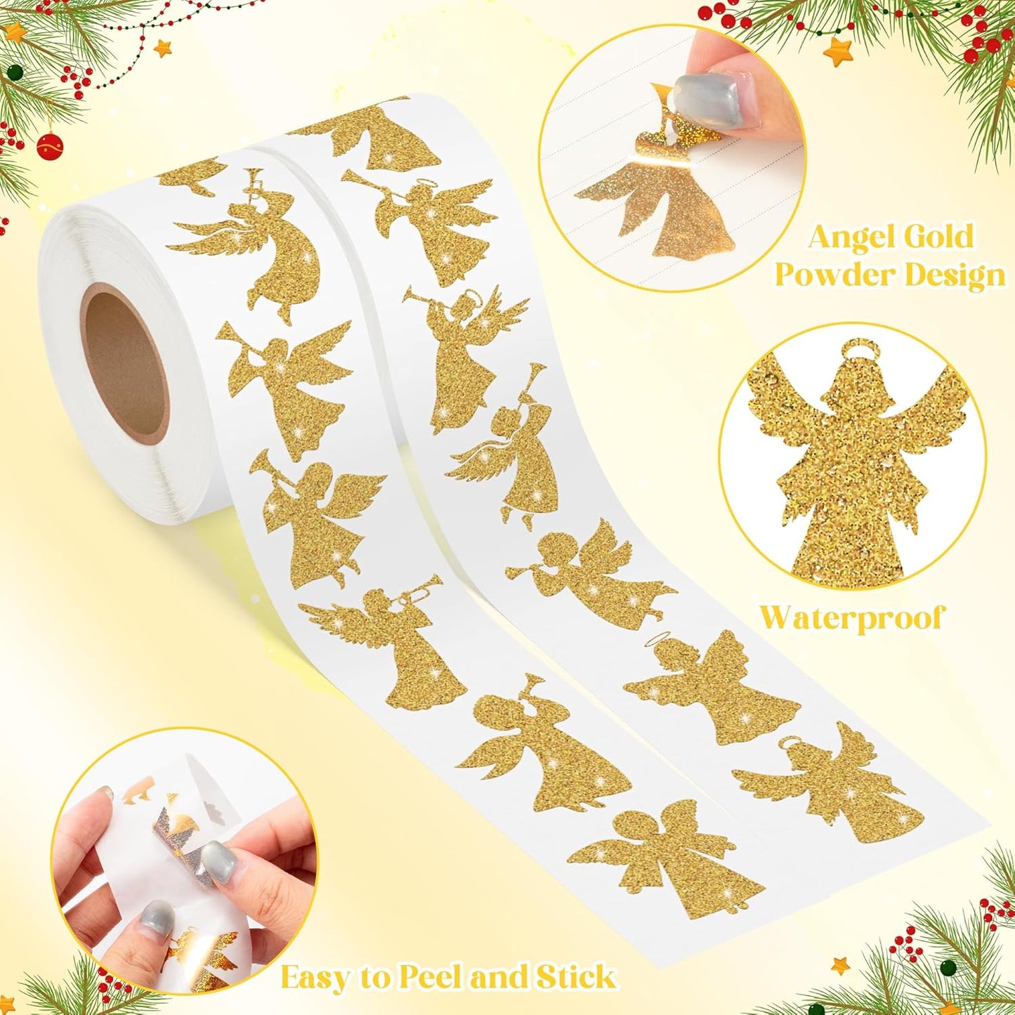 Gold Angel Christmas Stickers - 2 Rolls 16 Gold Foil Angel Designs Waterproof Holiday Decorations for Gift Wrapping, Scrapbook, Kids Crafts, Party Favors, Glass Windows & Laptop Decor