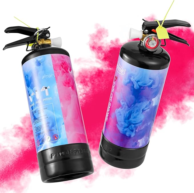 Giant Gender Reveal Fire Extinguisher (2 Pack), 2lb Color Powder Cannon Blasts 20+ Feet, Vibrant Pink Smoke Spray with Non-Toxic Cornstarch, Unique Handheld Party Supplies for Outdoor Baby Reveal