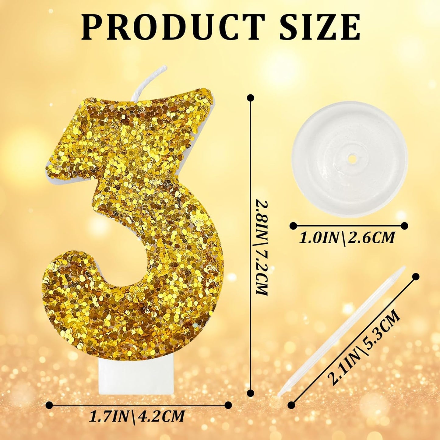 Birthday Number Candles, Glitter Number Candle Cake Decorations with Sequins, Cupcake Decorations for Girls, Women, Party Anniversary Celebrations (Number 3, Golden)