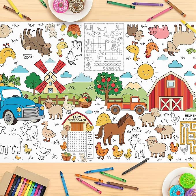 Farm Animal Party Giant Coloring Poster - Large Coloring Tablecloth Animals 31x72 Inch, Versatile Classroom Wall Decor, Birthday Activity, Farm Poster Table Cover for School Parties and Special Events