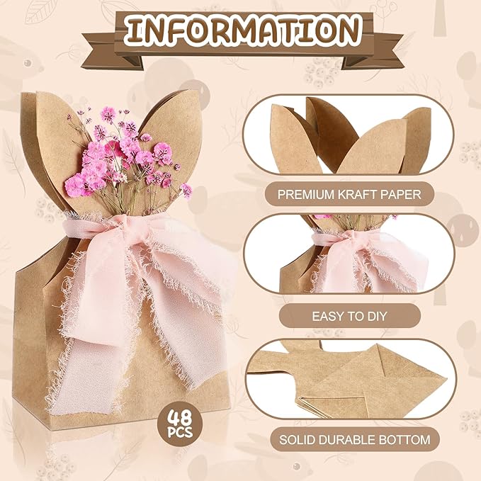 Affrolling 48 Set Boho Bow Easter Bunny Party Favor Bags DIY Bunny Gift Boxes with Neutral Bow Ribbon and Dried Flowers Rustic Paper Rabbit Ears Treat Bags Bulk for Easter Spring (Neutral Pastel)