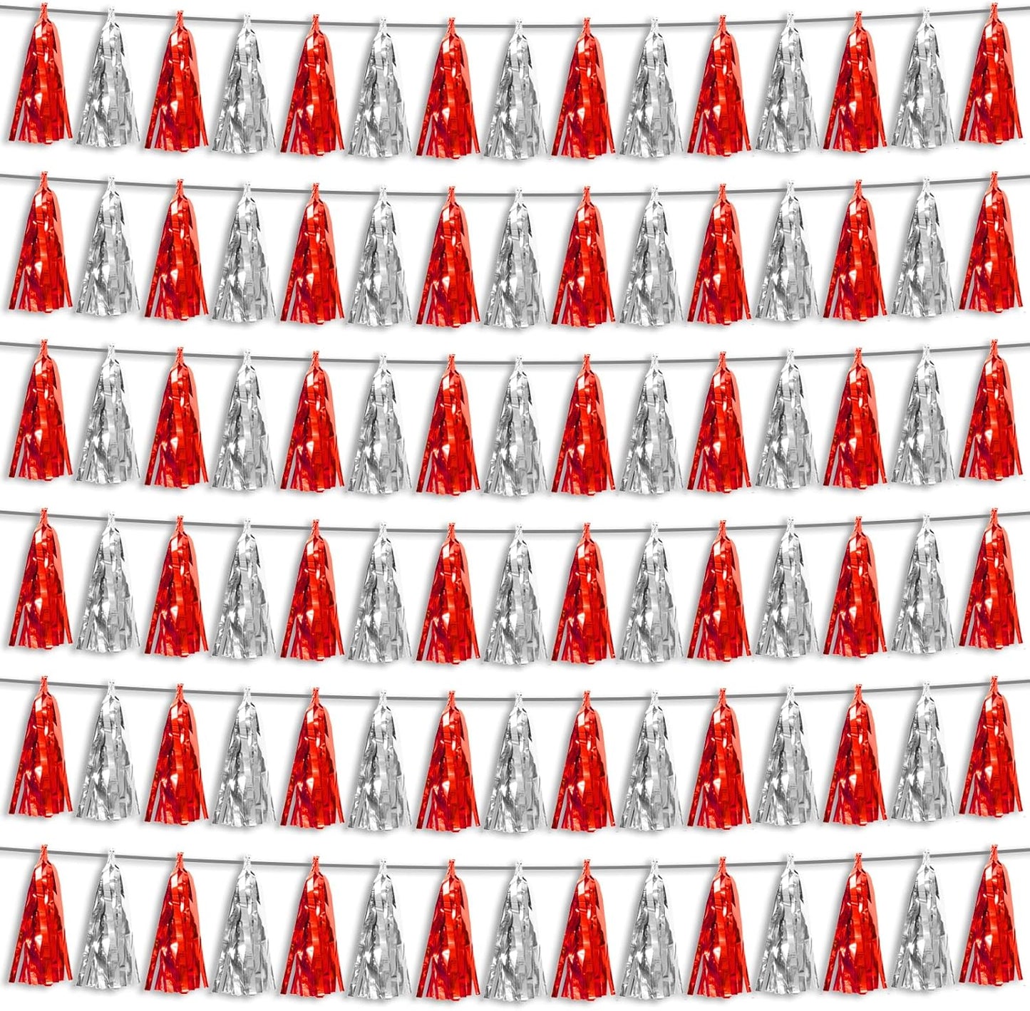 6P Red Silver Foil Fringe Metallic Tassel Streamers Banner Tassel Garland for Parade Floats, Bachelorette, Wedding, Birthday, Graduation, Christmas, Bridal/Baby Shower Party Decorations