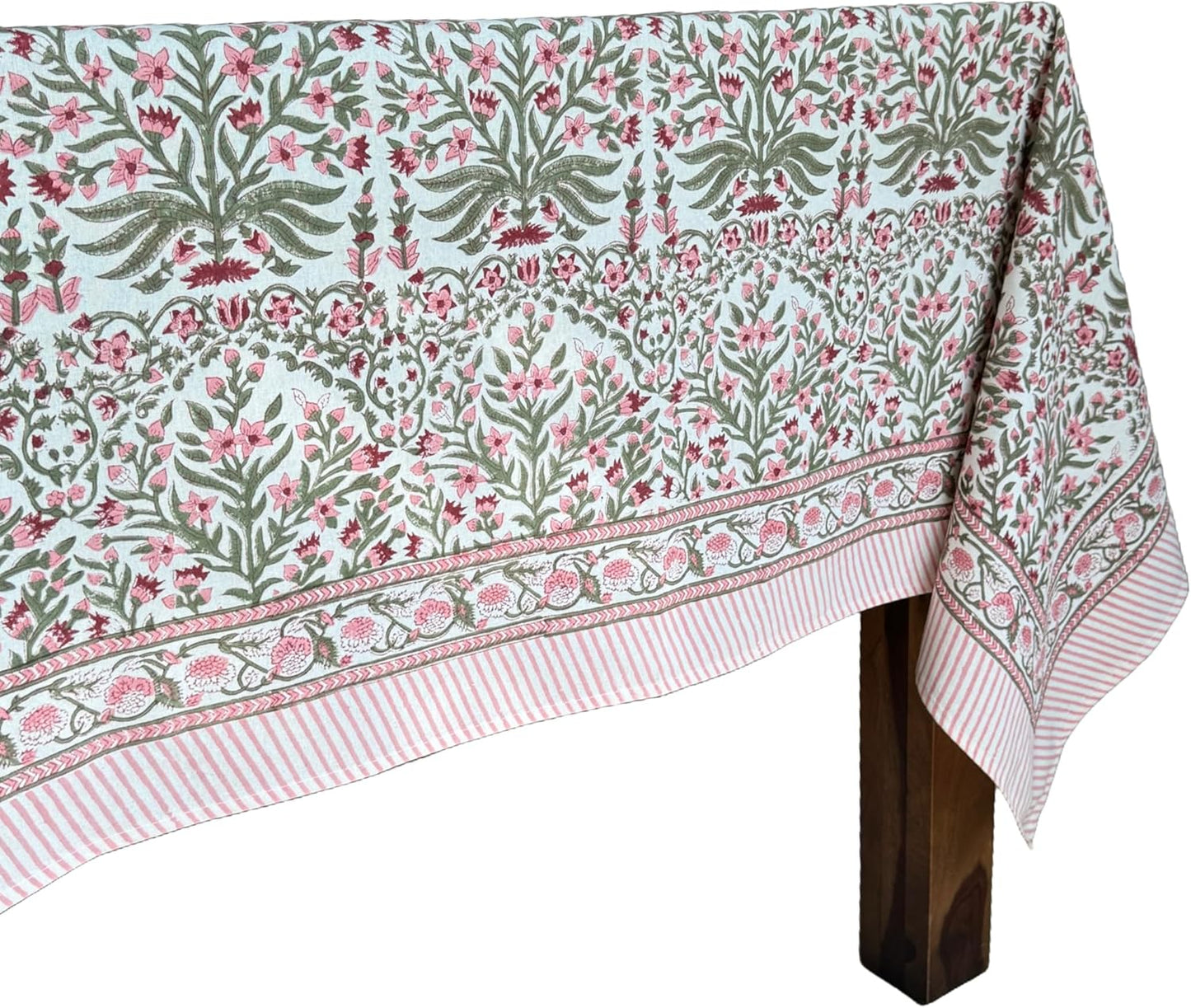 ATOSII Nargis Pink 100% Cotton Rectangle Boho Spring Summer Tablecloth, Handblock Floral Table Cloth Linen for Kitchen Dining I Parties Wedding Outdoors Easter I 72 X 120 Inches I 10 Seater