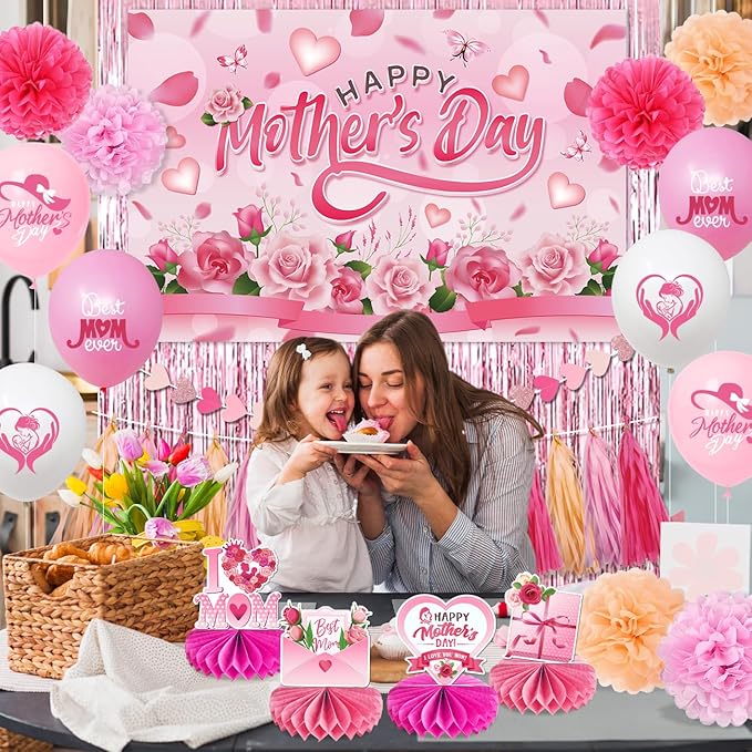 Mother's Day Decorations Pink Floral Happy Mothers Day Backdrop Honeycomb Table Centerpieces Balloons Foil Curtains Paper Pom Poms Wall Hanging Dining Decor Mothers Day Party Supplies