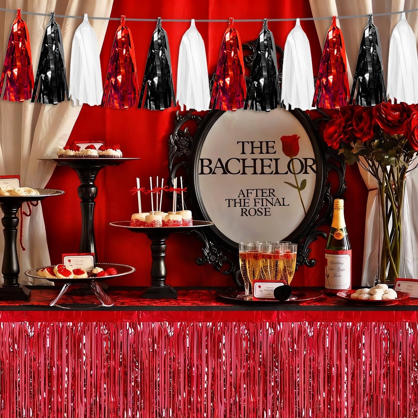 3P Black Red White Tassel Banner Garland Metallic Foil Fringe Banner Tinsel Tassels Streamer Banner Backdrop for Parade Floats Graduation, Halloween, Christmas, Father's Day Party Decorations