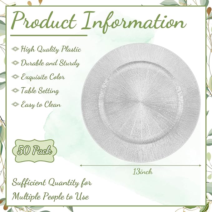 Tanlade 50 Pcs Silver Charger Plates Bulk, 13" Round Plastic Dinner Charger Plate, Shiny Silver Table Chargers Serving Plates Catering Tabletop for Thanksgiving Halloween Christmas Wedding Party Decor