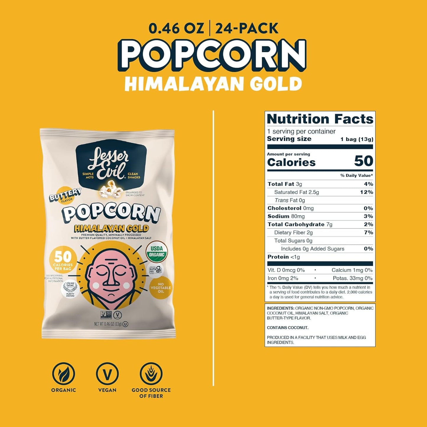 LesserEvil Himalayan Gold Salt Organic Popcorn, Premium Quality, Minimally Processed, No Vegetable Oil, 0.46 Oz, (Pack of 24)