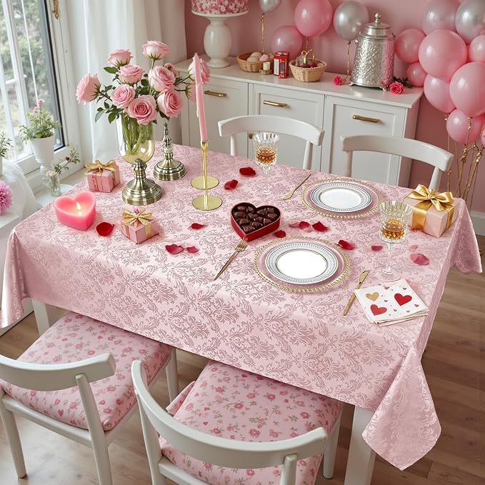 SASTYBALE Pink Tablecloth - 52 x 70 Inch Jacquard Damask Tablecloths Spillproof Wrinkle Resistant Soft Table Cloth Polyester Oblong Table Cover for Valentines Wedding Anniversary Party