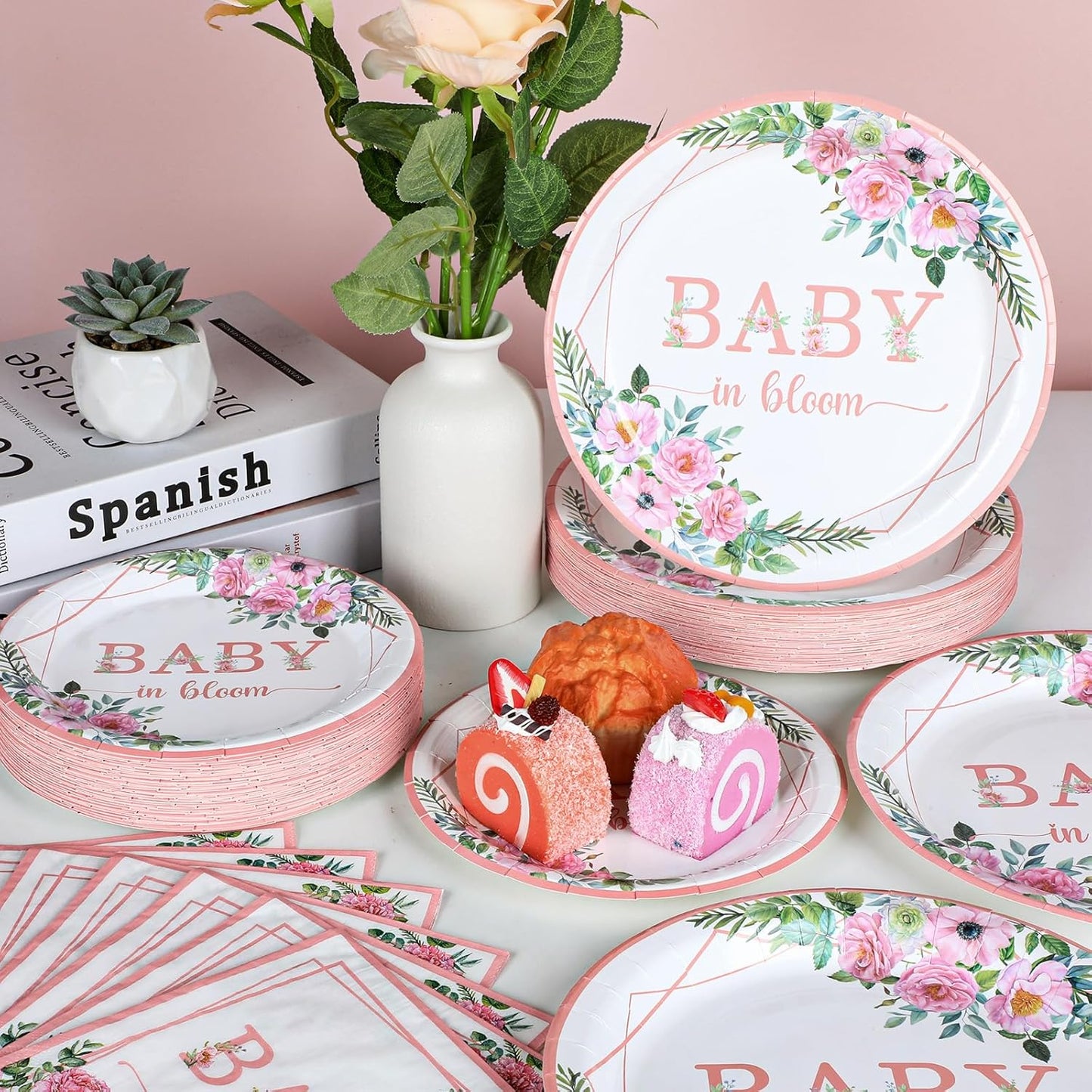 gisgfim 50 Guests Baby in Bloom Party Supplies Baby In Bloom Floral Plates and Napkins Plastic Forks Girl Floral Tableware Pink Flower Paper Plates for Birthday Party 200PCS